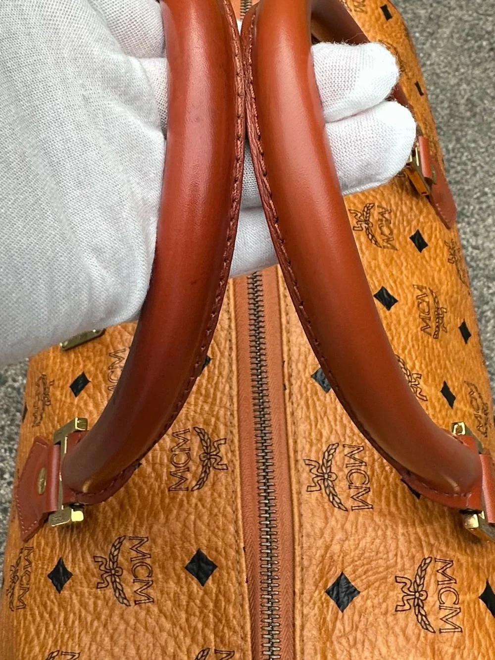 MCM Tan Cognac Monogram Duffel with Brown Leather Handles